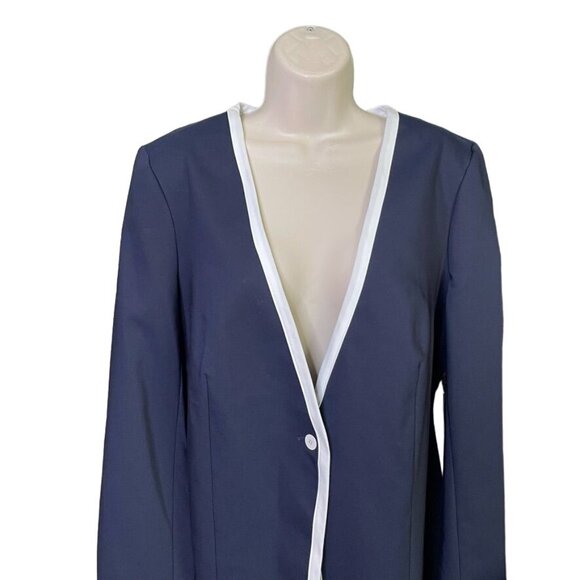 Chause Womens Classic Career Blazer  Blue White trim Tailored Jacket Size L New - Picture 2 of 10
